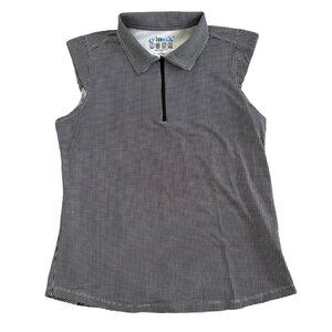 IBKUL Womens Sz L Sleeveless Black & White Houndstooth Print Polo Shirt UPF 50+